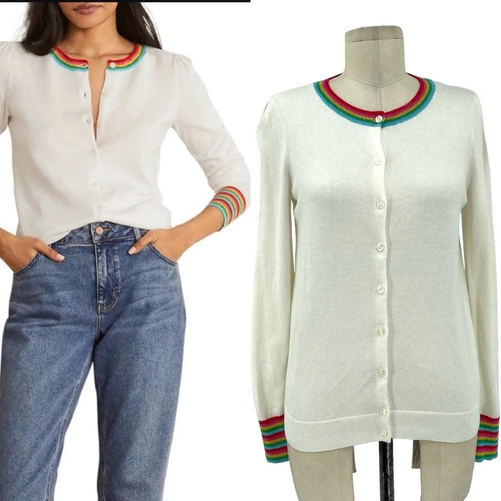 Boden Lytton Sparkle Cardigan Sweater Ivory Rainbow Style US‎ 4